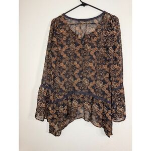 Michael Farrell M Blouse Top Floral Peasant Fairy Boho Asymmetrical Bell Sleeve